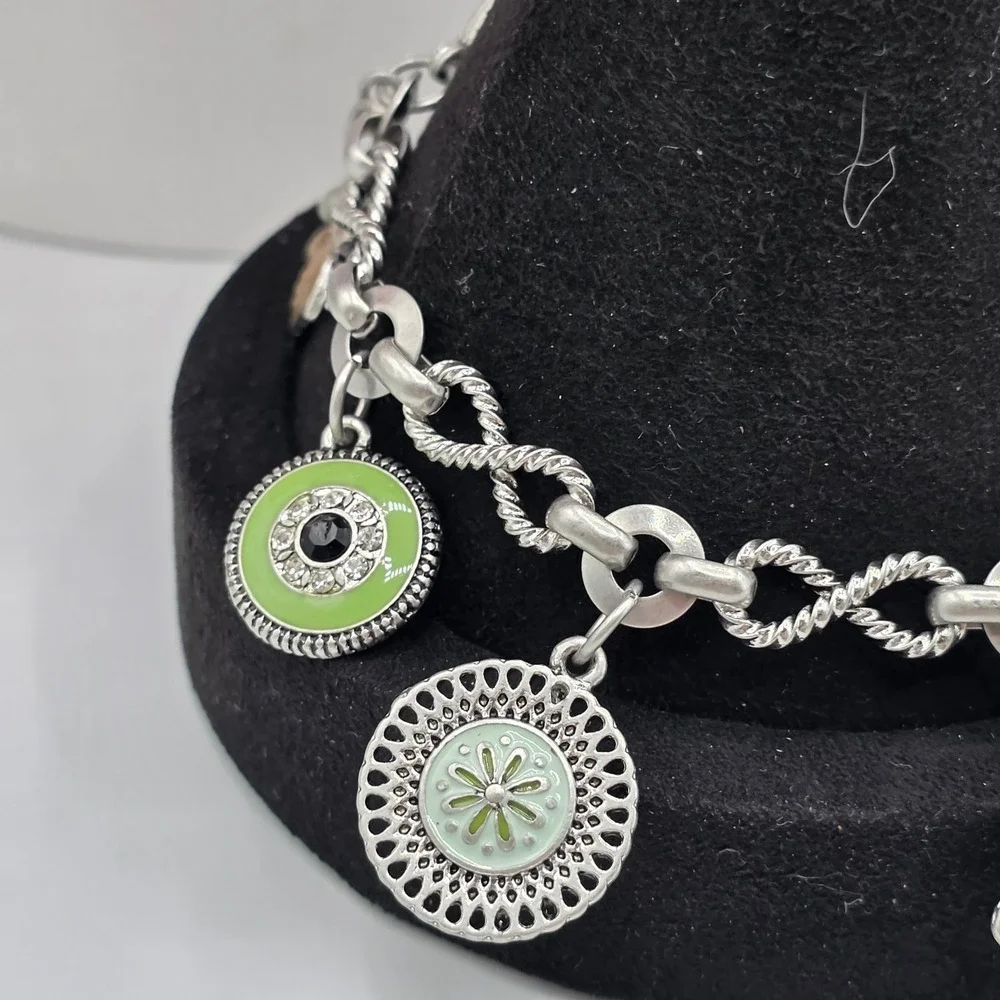 Lia Sophia Silver Tone Enamel Floral Charm Bracelet Green Brown Rhinestone 8.5in